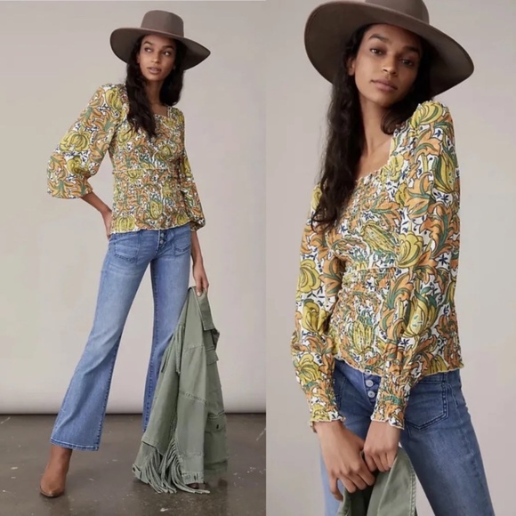Anthropologie Tops - Anthropologie The Rayna Relaxed Smocked Yellow Floral Long Sleeve Mesh Blouse